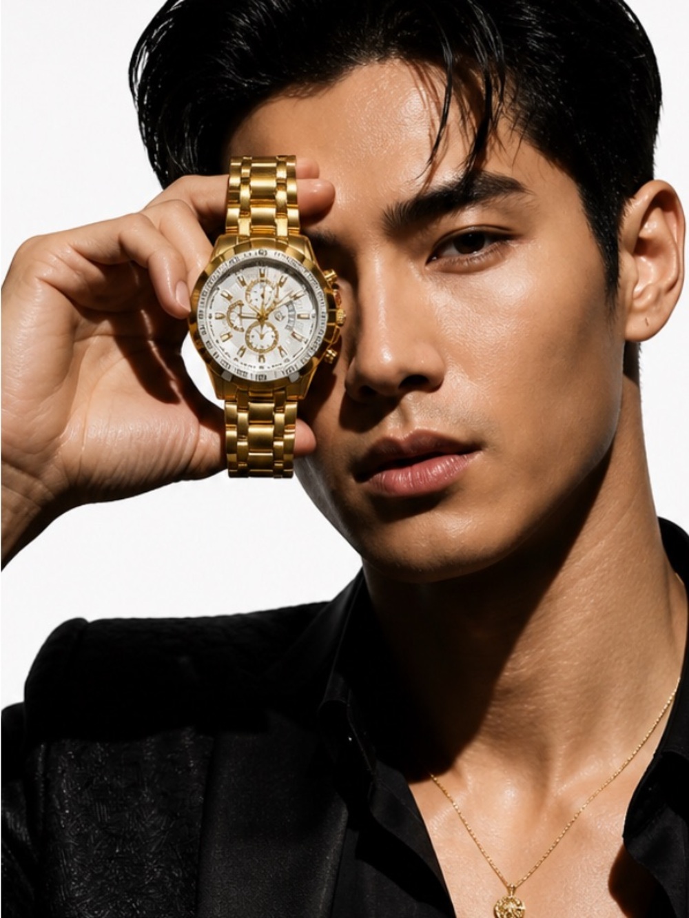 Gold Men's Chronograph Watch with White Dial